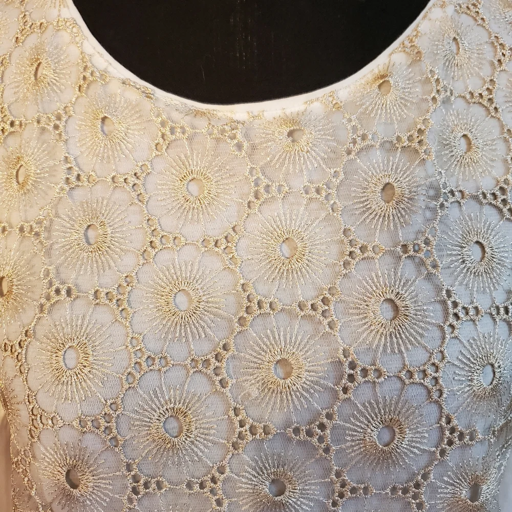 J Crew White & Gold Embroidered Blouse